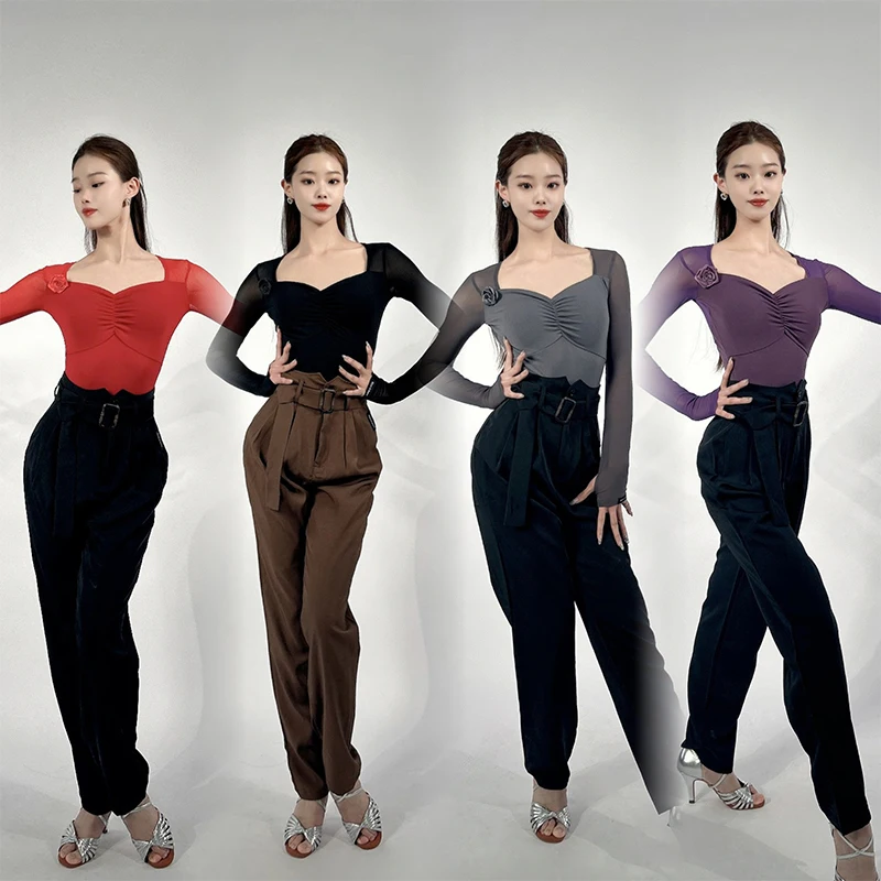

2025 New Latin Dance Costumes Practice Suit Women Long Sleeve High Waist Pants Trousers Dance Training Clothes Wearing DN22210