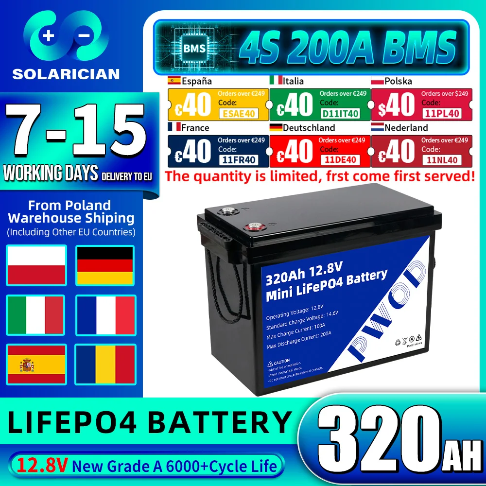 EU Stock 12V 320Ah LiFePO4 Battery Pack 4096Wh New 12.8V Rechargeable Lithium Iron Phosphate batterie DIY 24V 48V For RV Camping