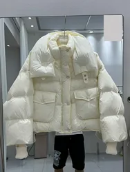 Winter New Down Jacket Female Short Hooded Collar Warm Thick Horn Buckle White Duck Down Lady Puffer Feather Coat Tide