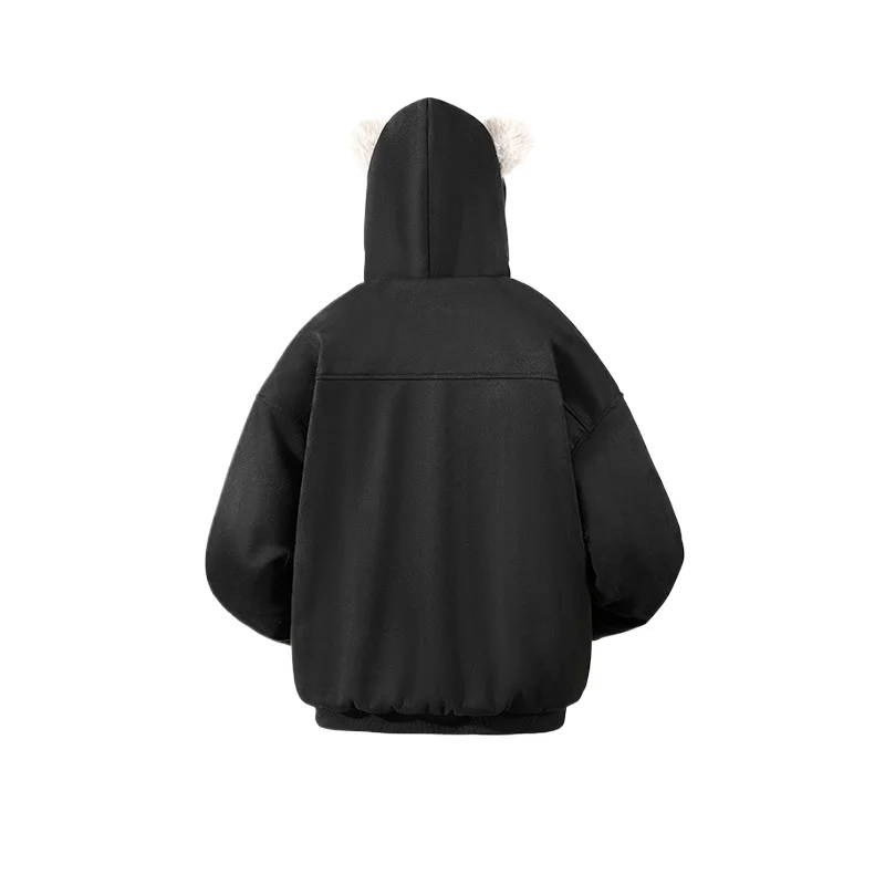 الأمريكية الرجعية المتخصصة تصميم بسيط الخريف والشتاء مقنعين القط الأذن زوجين القطن وسادة مبطنة للجنسين هود يحافظ على معطف دافئ #3