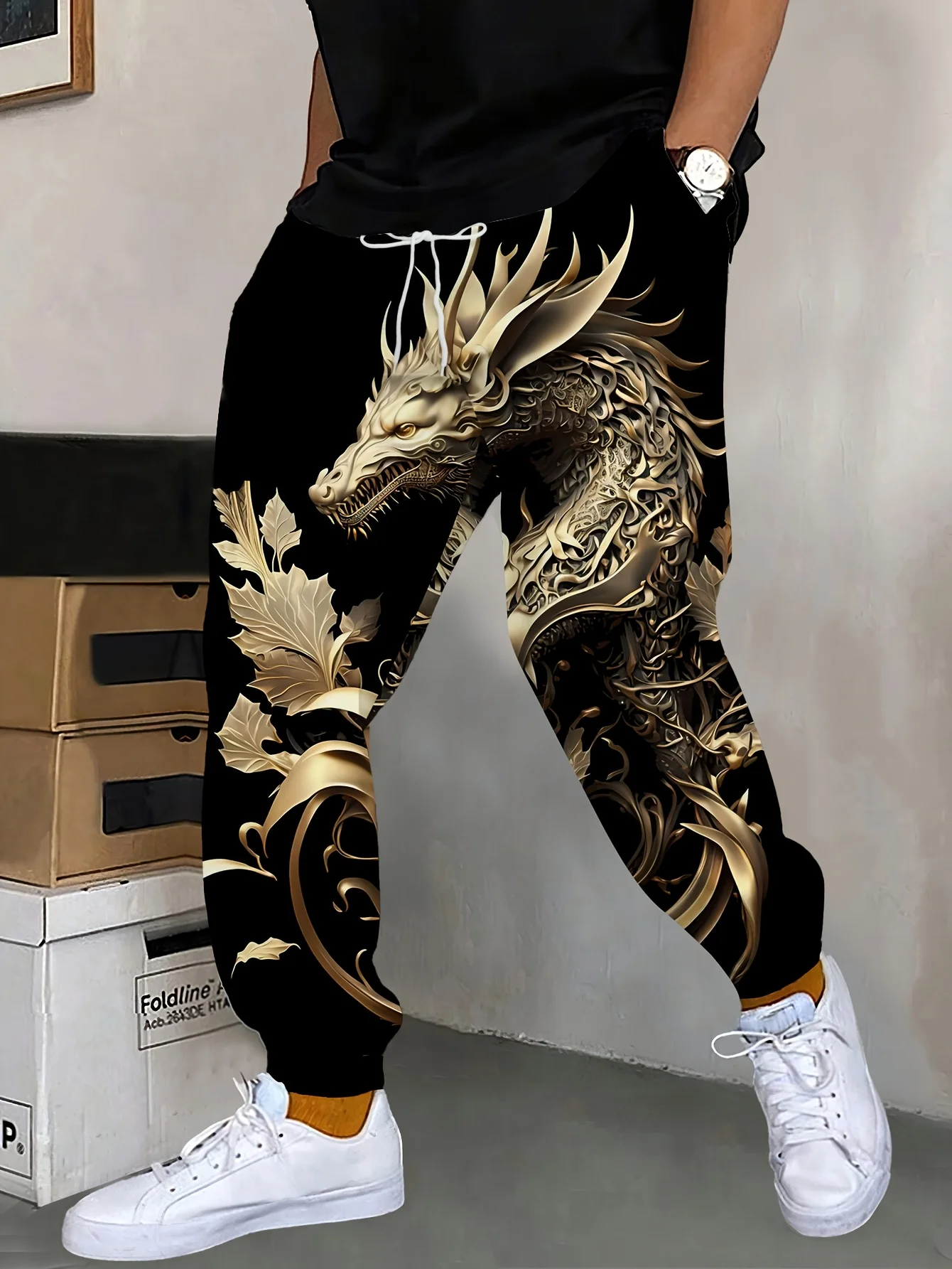 

2026 Лидер продаж, модные и крутые мужские повседневные свободные зимние уличные брюки с 3D принтом золотого дракона, большой размер