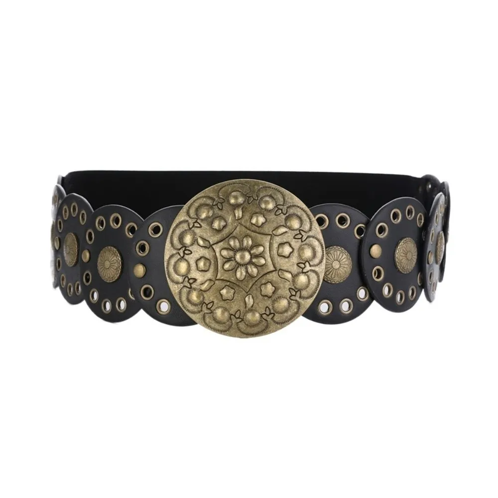 Alloy Ethnic Style Rivet Belt Y2K Strap Buckle Concho Wide Belt Jeans Decor Exaggerated Disc PU Hollow Waistband Cowgirl