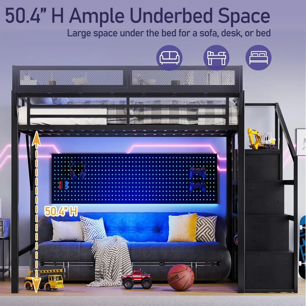Estrutura de cama loft queen size de metal com escadas de armazenamento, prateleira lateral, guarda-roupa, portas USB e iluminação LED