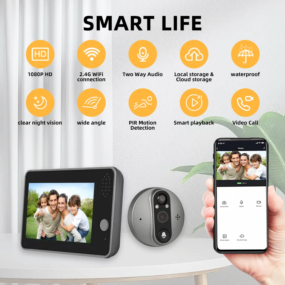 Tuya Smart 1080P WiFi Door Bell Peephole Camera Viewer Home Security Two-way Audio Night Vision 4.3' FHD Video Doorbell Camera