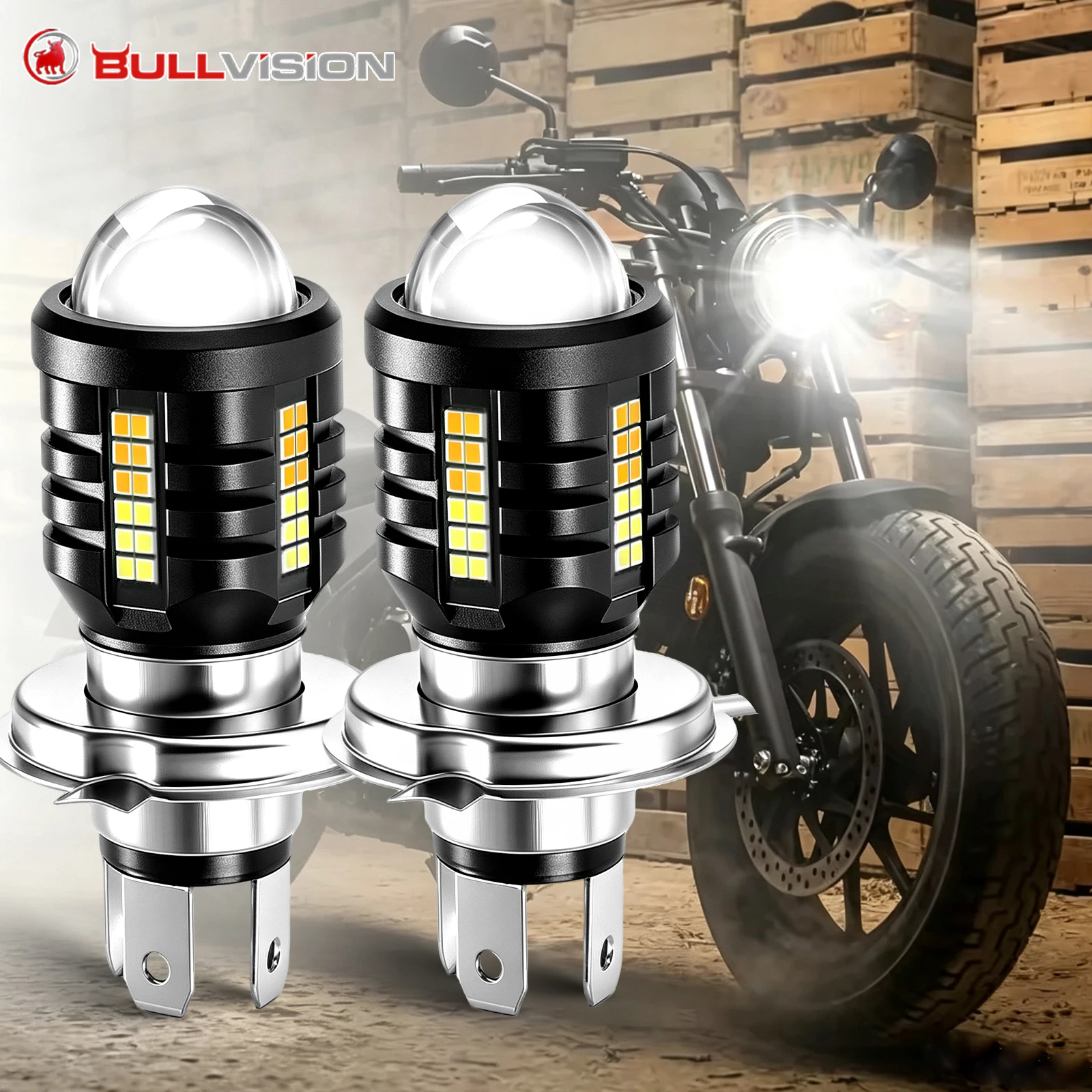 Bullvision 1/2PC High Power Motorcycle LED H4 9003 With Lens White Yellow Explorer Spotlight Work Light ATV Scooter Accessories
