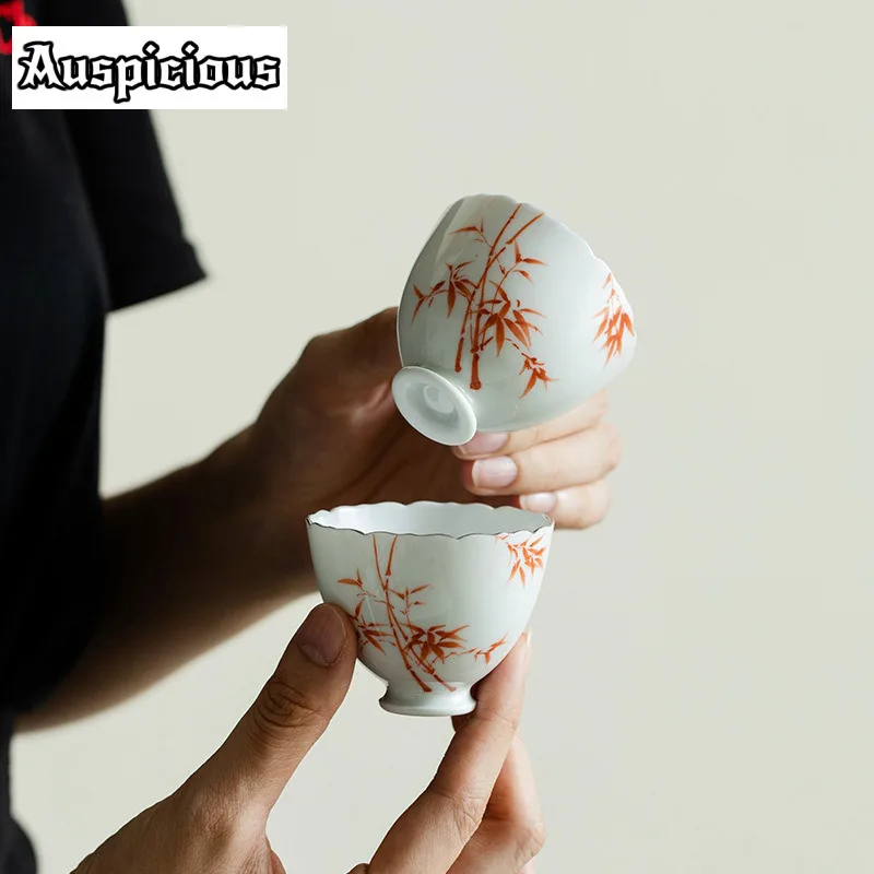 

2pc/set Hand Painted Red Bamboo Silver Teacup Trace Silver Petals Master Cup High Foot Cups Set Fragrance Cup Tea Ceremony 55ml