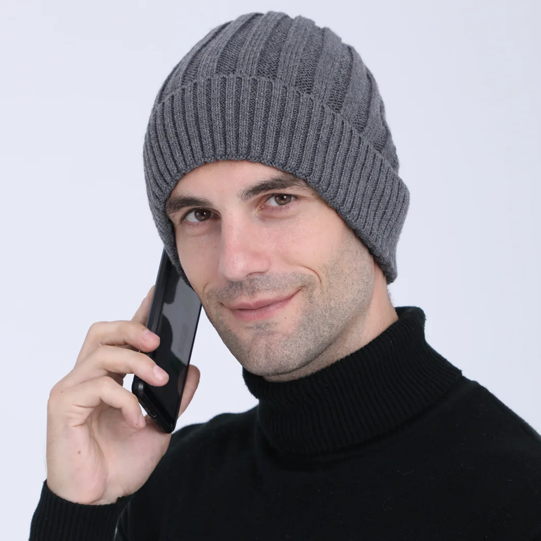 Men Women Autumn Winter Straight Strip Knitted Beanie Warm Thick Plush Lined Earflap Hat Cycling Outdoor Thermal Headwear