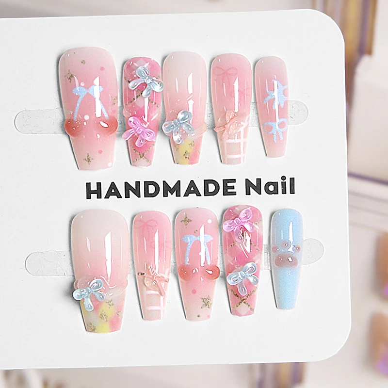10 pièces de faux ongles à presser, forme cercueil, style français, faits main, luxe léger et élégant, pour un look raffiné