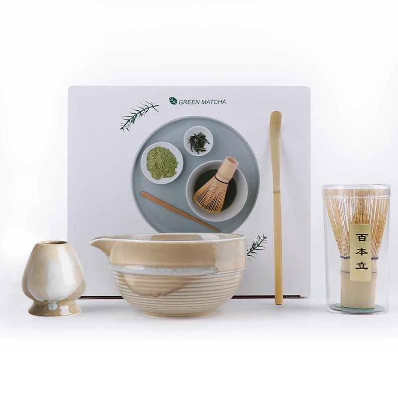 วินเทจญี่ปุ่นพิธีชงชา Matcha ชุด 4 ชิ้น Premium Matcha Starter Kit ไม้ไผ่ Whisk & ชามเซรามิคชุดของขวัญกล่องเป็นมิตรกับสิ่งแวดล้อม
