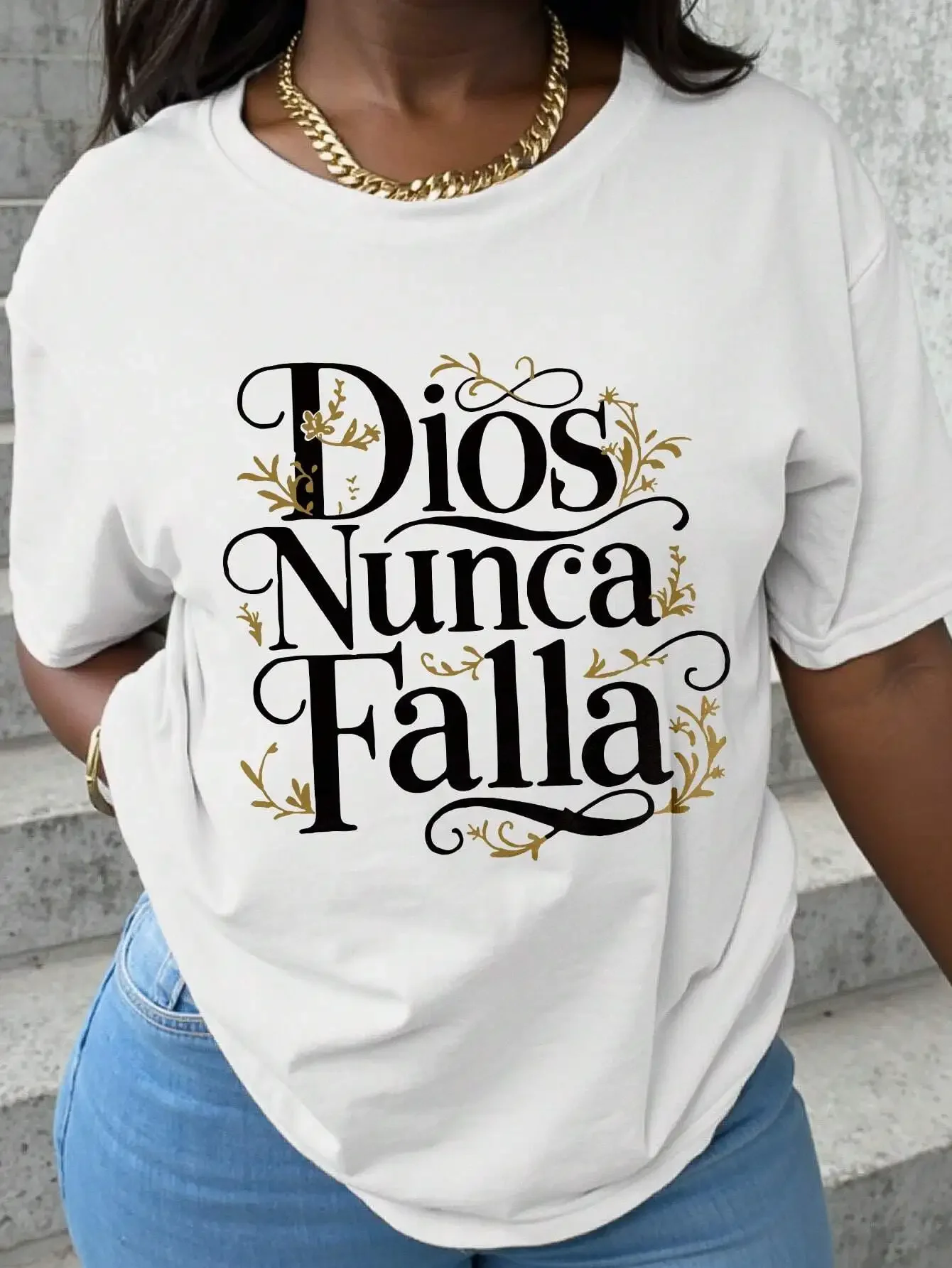 

Plus Size Dios Nunca Falla Inspirational Slogan Tee Ornate Floral Accented Graphic Top Stylish Faith - Based Oversized Shirt