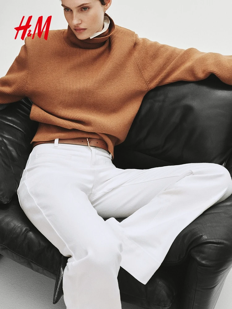 Spring New Women's High Waist Flared Pants Diagonal Pattern Casual Cotton Blend Elastic Fiber Ladies Faion H&M 34903