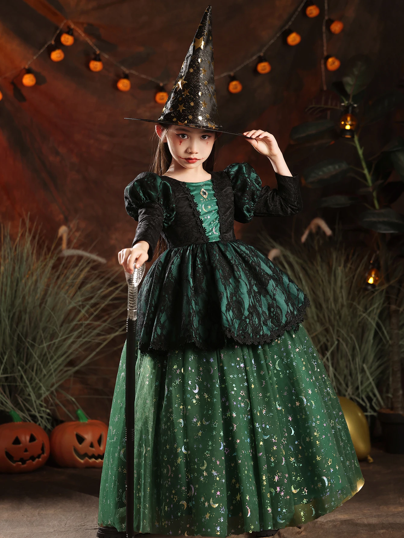 

High Quality Girls' Dark Green Long Sleeved Dress Performance Black Dress Party Children's Dress