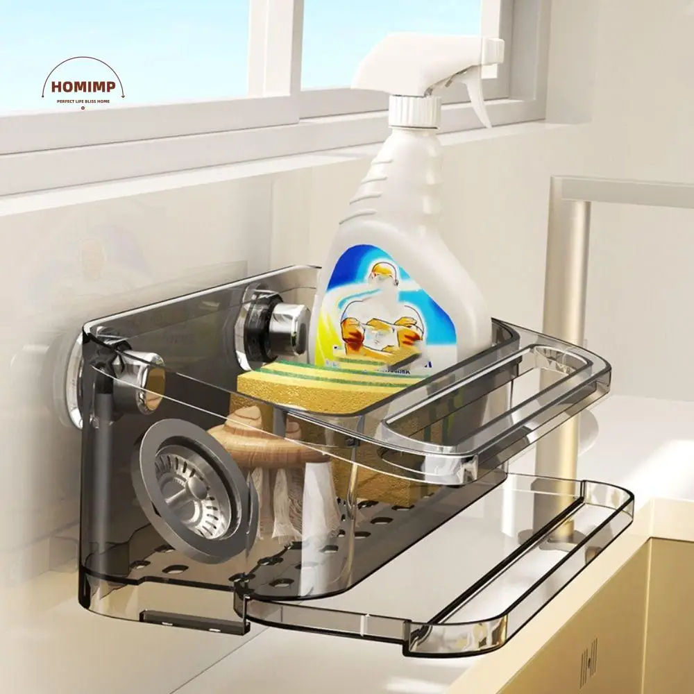 

Punch Free Kitchen Sink Drain Rack Waterproof Dustproof Suction Cup Sponge Holder Space Saving with Water Tray Rag Storage Rack