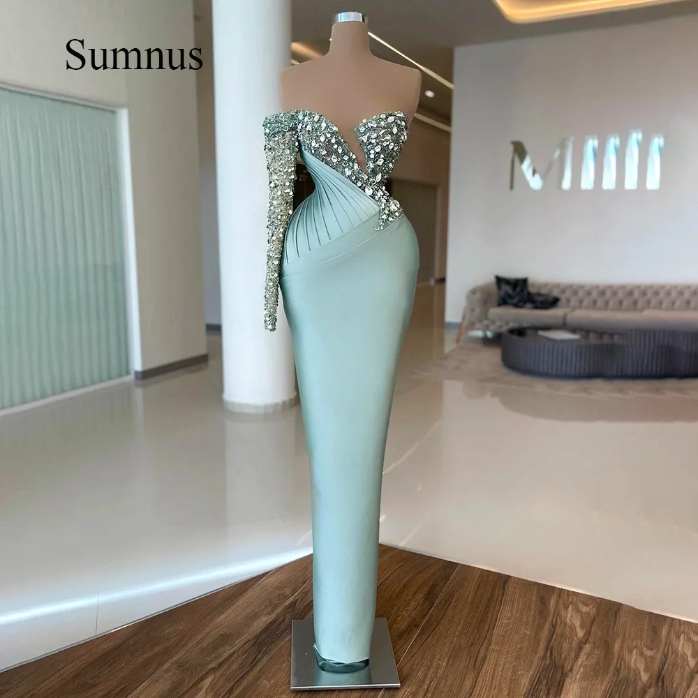 Sumnus luxo um ombro sereia vestidos de noite lantejoulas beading plissado cetim evento formatura vestidos até o chão robe de soiree