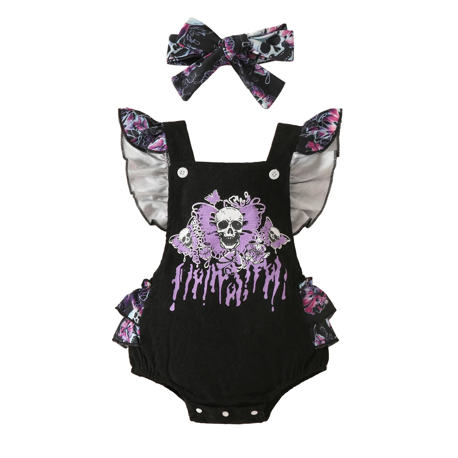 

Halloween Baby Romper Jumpsuit Skull Butterfly Bones Infant Costume Flying Sleeve Bat Romper Suit 2Pcs Clothes Set with Headband