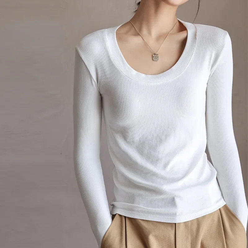 Soft Knitted Women'S Long Sleeve Top Ribbed Solid Harajuku Shirts Korean Fashion Youth Blouses Woman Basic Tees Ropa Mujer