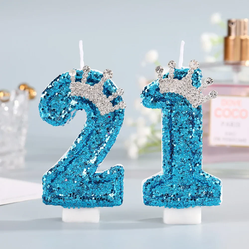 Blue Crown Number Birthday Candles 0-9 - Creative Glitter Cake Topper for Princess Girl Birthday Party Decor