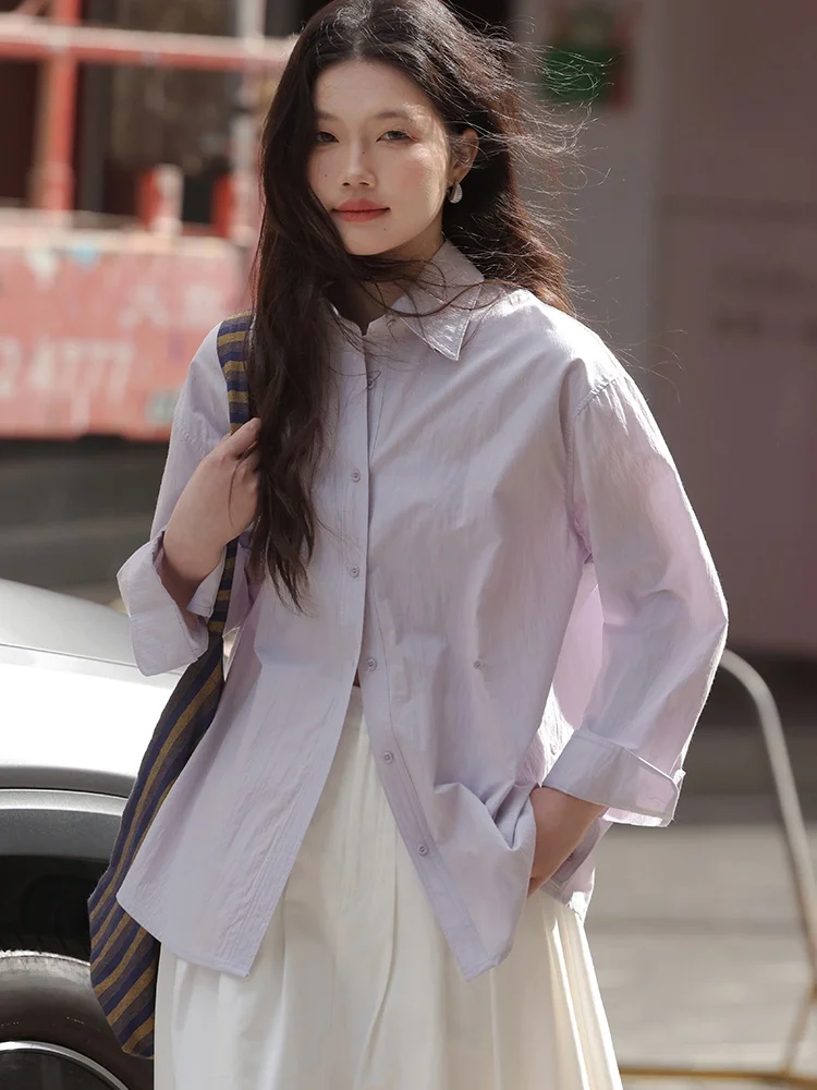 

Свободная однотонная фиолетовая рубашка с длинным рукавом для женщин, новая весенняя модель, повседневная верхняя одежда, удобный крой