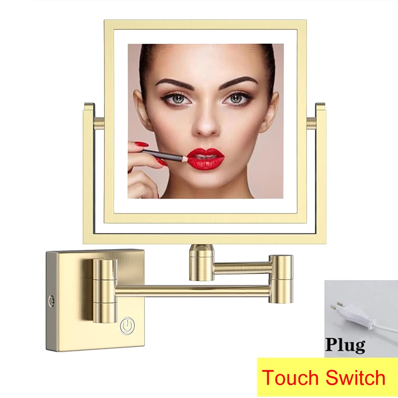Square Touch Led opvouwbare badkamerspiegel 3x vergrotende badkamer make-upspiegels Accessoires Wandmontage Touch on badspiegels