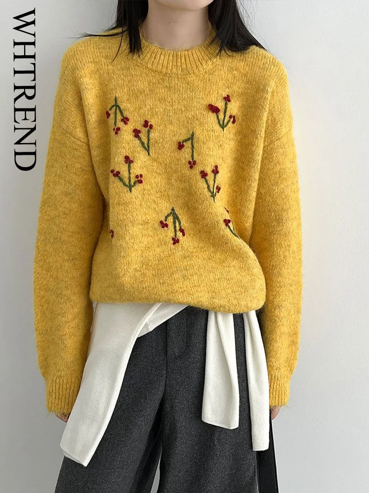 

WHTREND вязаный топ с вышивкой для женщин, осень-зима, новая атмосфера, пуловер в корейском стиле, свободный свитер WH1758