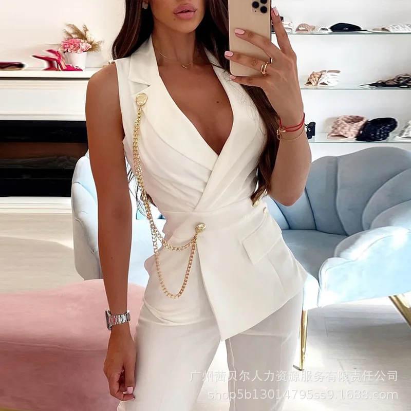 One Piece Women Sexy Sleeveless Jumpsuits Deep V Neck Overalls Slim Fit Straight Long Pants Solid Splice Suit Rompers 2024