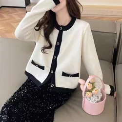 O-neck Contrasting Colors Knitting Cardigan Coat Women Autumn Winter Elegant Temperament Sweater Simplicity Casual Knitwear Tops