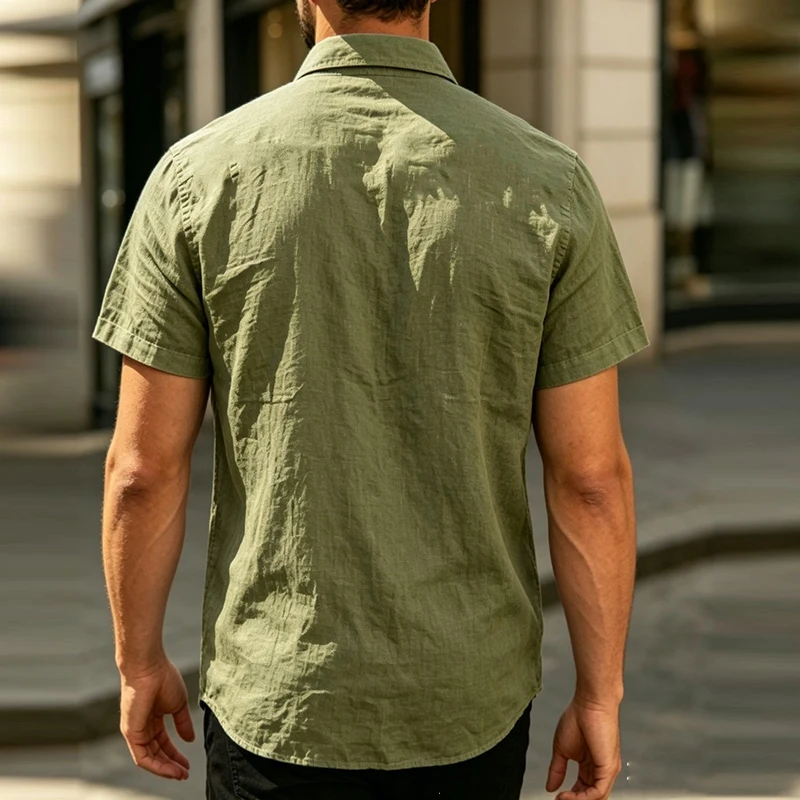 2026 Men's Short Sleeve Casual Shirts Fashion Pocket Linen Solid Breathable Beach Shirt Male Loose Thin Daily Streetwear Blouse