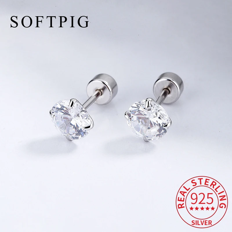 SOFTPIG Real 925 Sterling Silver Sparkling Zircon 3/4/5/6/7/8MM Round Screw Bead Stud Earrings For Women Classic Fine Jewelry