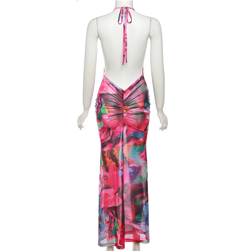 Sukienka damska bez pleców, typu halter, z kwiatowym nadrukiem, głęboki dekolt, prześwitująca, seksowna, obcisła, na imprezę nad morzem, wakacje na plaży, odkryte pośladki, Vestidos