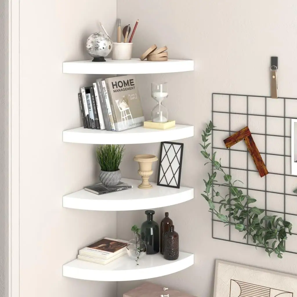 4PCS High Gloss White Floating Corner Shelves 35x35x3.8 cm MDF - Stylish Space-Saving Decor