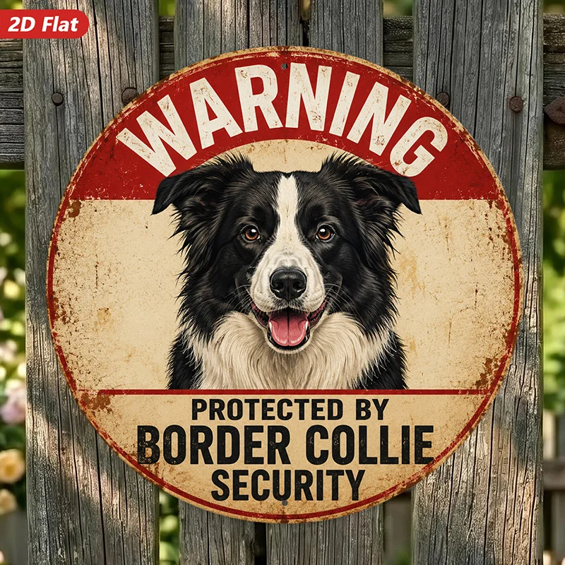 2D Flat, 1pc Border Collie Warning Round Metal Sign Wall Art, Warning Text, Vintage Round Sign Style, Perfect for Bedroom Corner