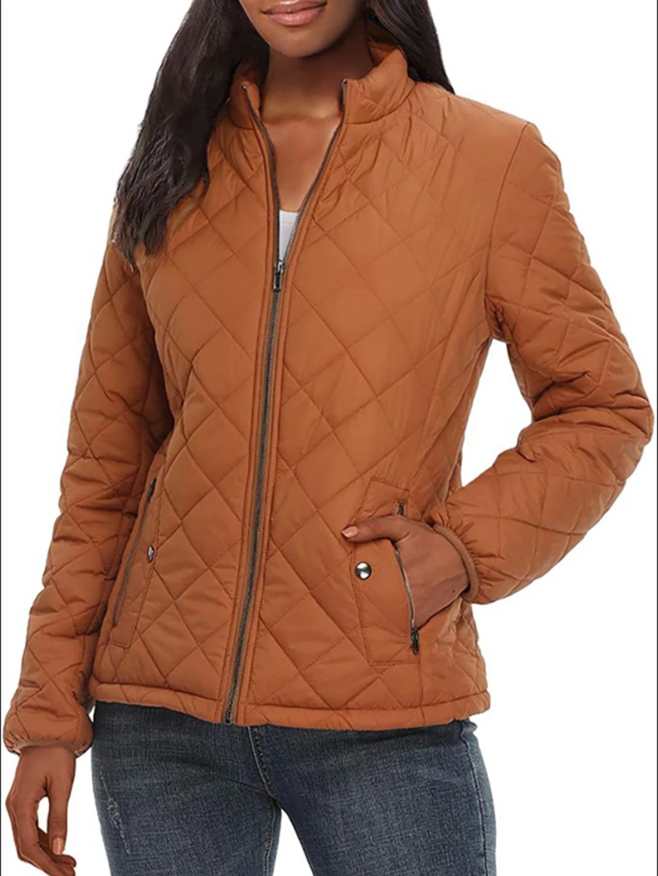 Casaco acolchoado feminino simples diário aberto frontal zíper manga longa gola casual outono inverno casaco com bolsos