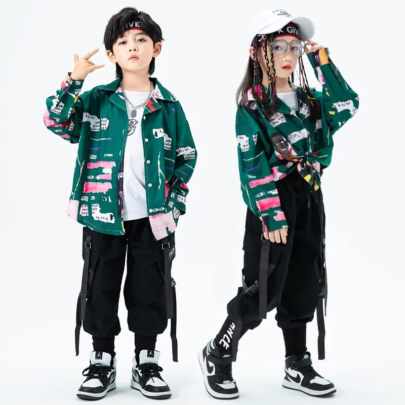 Kid Kpop Hip Hop Clothing Print Shirt Casual Streetwear Cargo Jogger Sweat Harem Pants for Girl Boy Jazz Dance Costume Clothes