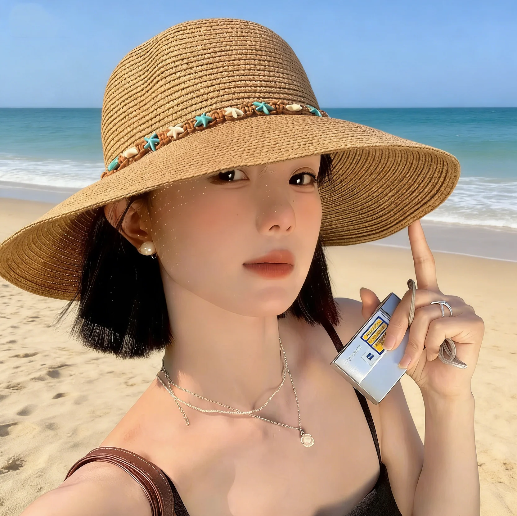 Large Brim Foldable Straw Hat, Breathable and Not Stuffy, Made of Natural Straw Material + Beaded Decoration, Vintage yet Fresh, Suitable for Summer Beach Vacations and Sun Protection