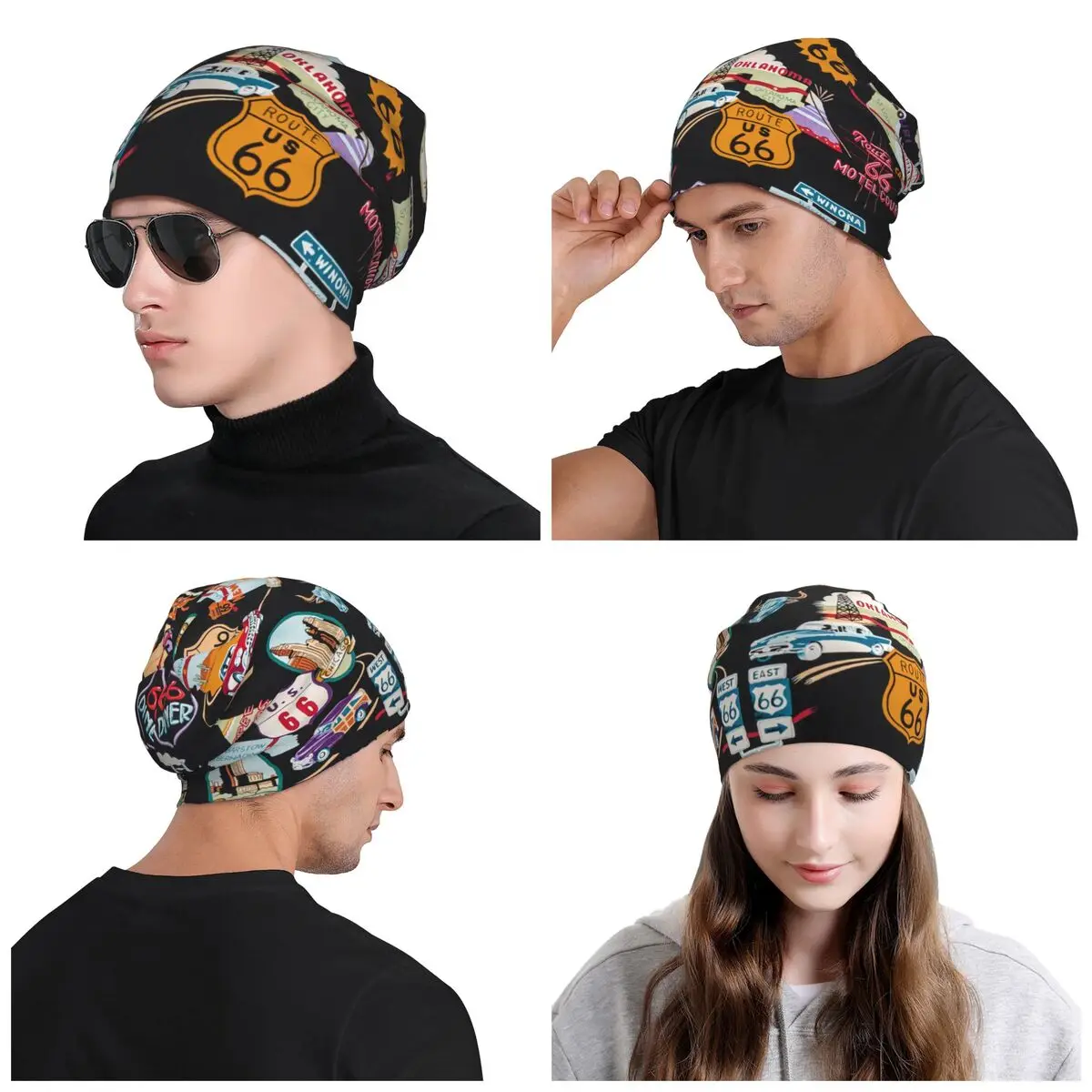 Vintage Route 66 Skullies Beanies Caps For Men Women Unisex Outdoor Winter Warm Knitted Hat Adult America Road Map Bonnet Hats