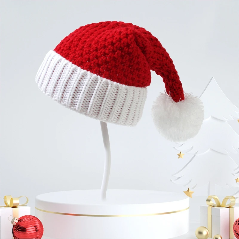 

Women Christmas Hat White Pompom Handmade Flanging Dress Up Accessories Woolen Yarn Women Men Santa Claus Cap for Outdoors