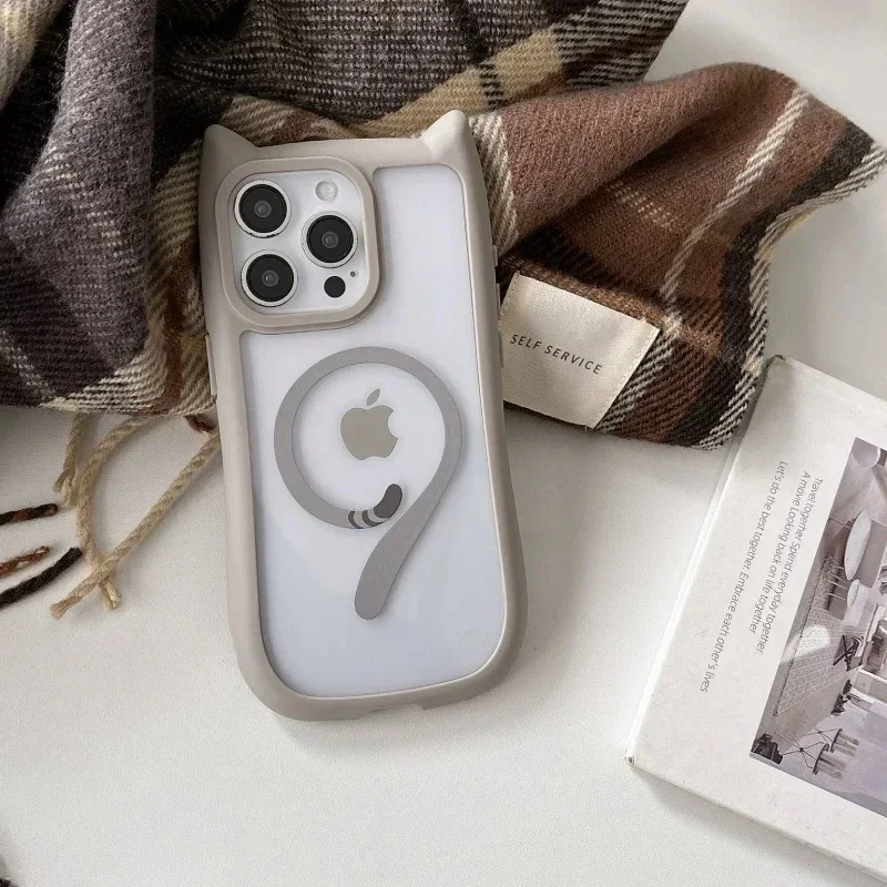 3D Cat Ear Cute Lanyard Magnetic Transparent Case For iPhone 17 16 15 14 13 12 Pro Max Mini Wristband Clear For Magsafe Cover