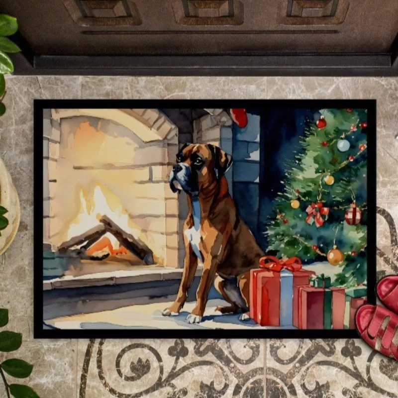 

Charming Boxer Christmas Doormat 18H×27W Non-Slip Washable Low Pile Rug for Indoor Outdoor Entryway
