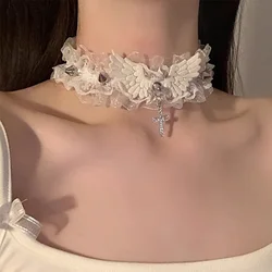 Gothic Black White Lace Lolita Collar Crystal Cross Pendant Angel Wings Rivet Choker Necklace for Women Egirl Y2K Jewelry Gifts