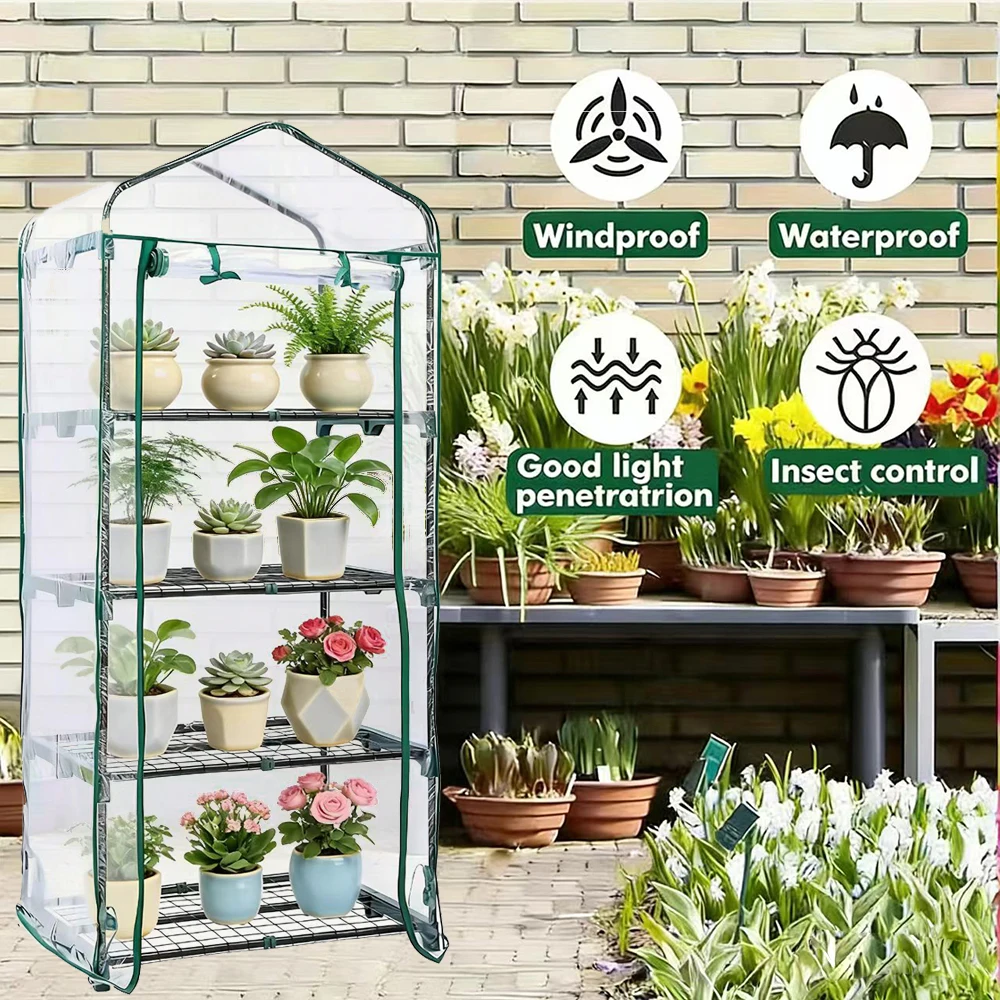 4-Tier Mini Greenhouse Suitable for Indoor and Outdoor Use with Wheels, Small Plastic Plant Greenhouse, Portable Greenhouse with Durable PVC Cover