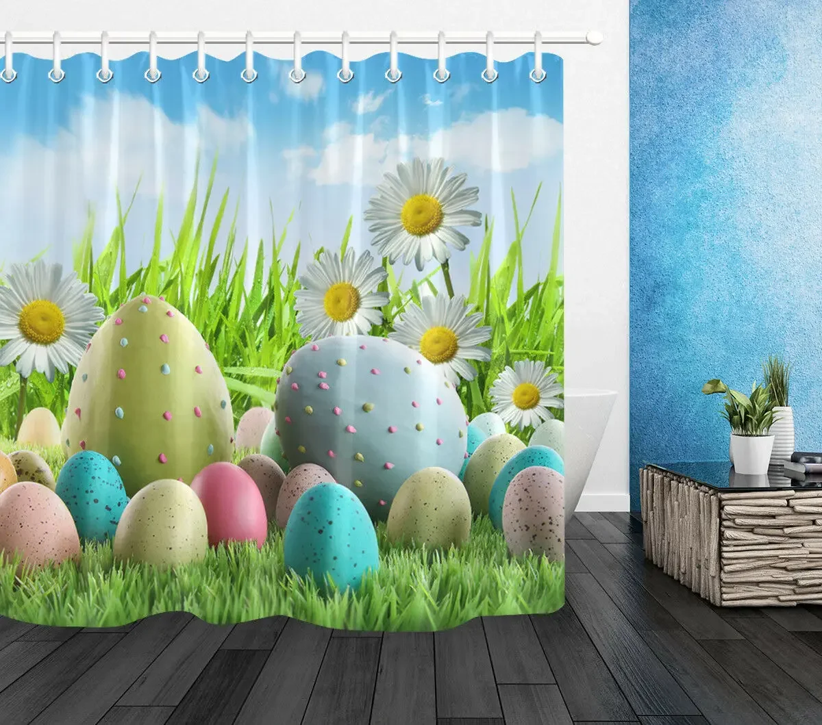 Happy Easter Colorful Eggs Waterproof Fabric Shower Curtain Liner Bathroom Decor