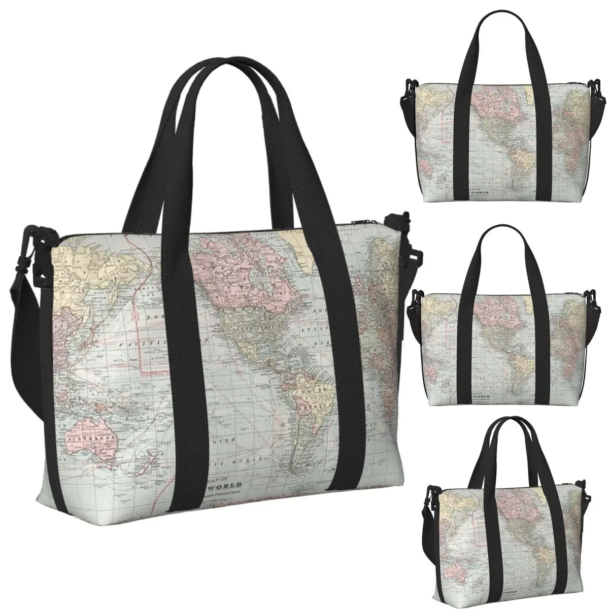 

Custom Vintage World Map 1901 Beach Travel Bag Large Capacity Tote Bags for Gym Sport Women Shopping Duffle Shoulder Bag