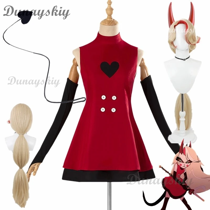 Anime Hazzbin Game Hotel Charlie Cosplay Halloween Costume Adult Women Kids Turtleneck Red Dress Sleeveless Daily Skirt Tail