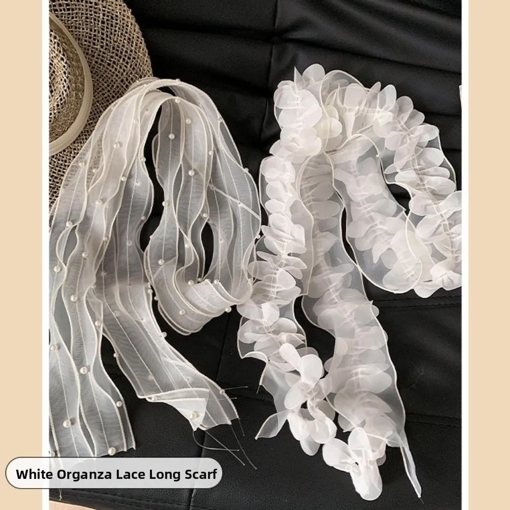 Fashion White Lace Scarf Long Skinny Petal Pearl Headscarf French Organza Long Skinny Ribbon Hair Styling