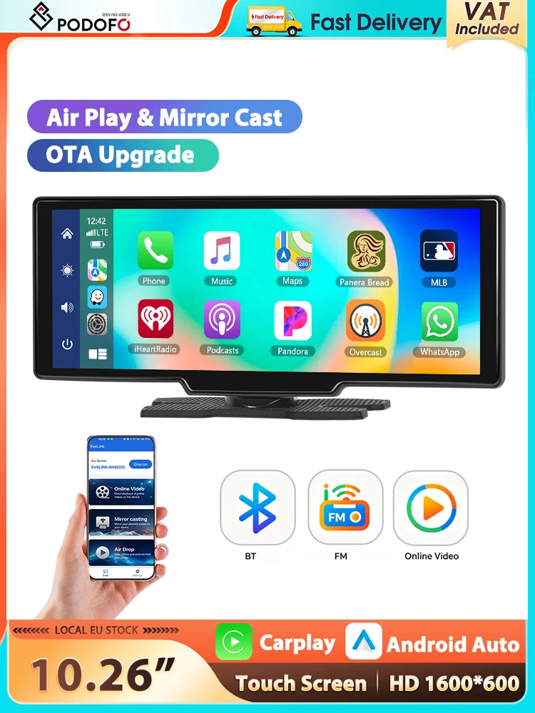 Podofo 10,26'' Touchscreen Smart Screen Player CarPlay Android Auto Airplay Mirror Cast Bluetooth FM Auto-Monitor Superlink Sprachsteuerung Auto-Player