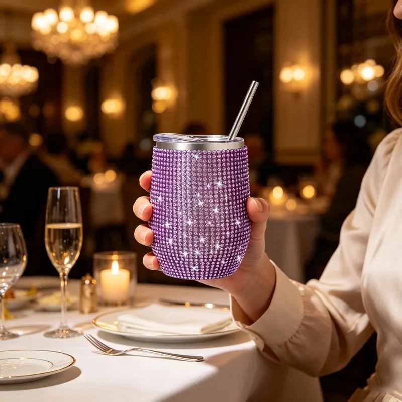 Gold Rhinestone Insulated Wine Tumbler with Lid Straw, Sparkly Diamond Stainless Steel Glitter Cup for Party Wedding Women Gift