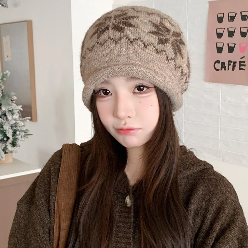 Fashion Snowflake Knitted Beanie Hat Drawstring Wool Warm Knitted Cap Keep Warm Korean Style Jacquard Knitted Hat Autumn