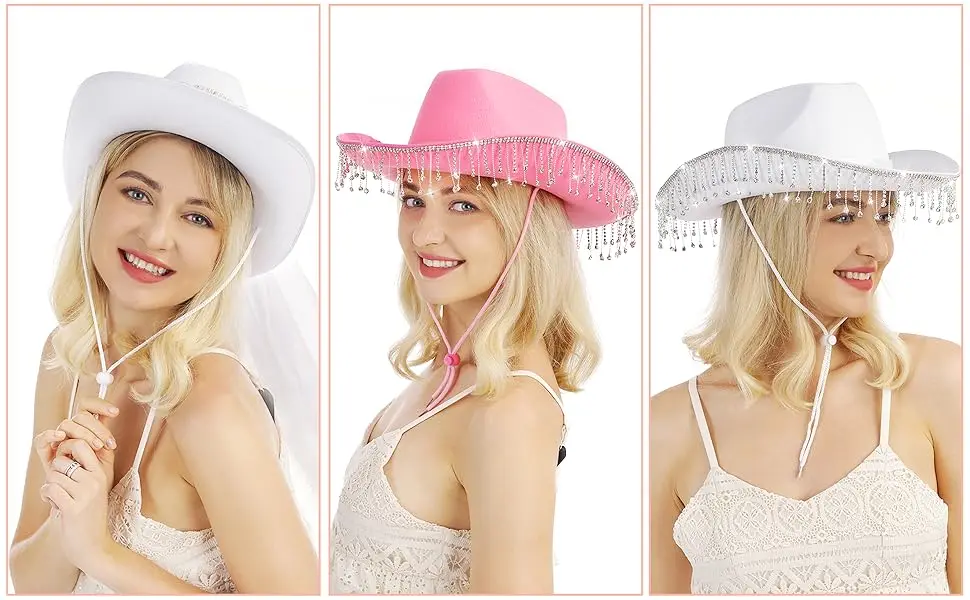 Braut-Cowgirl-Hut für Junggesellenabschied, Strass, weißer Cowboyhut für Frauen, Braut als Geschenk, Halloween-Kostüm – Detail 2