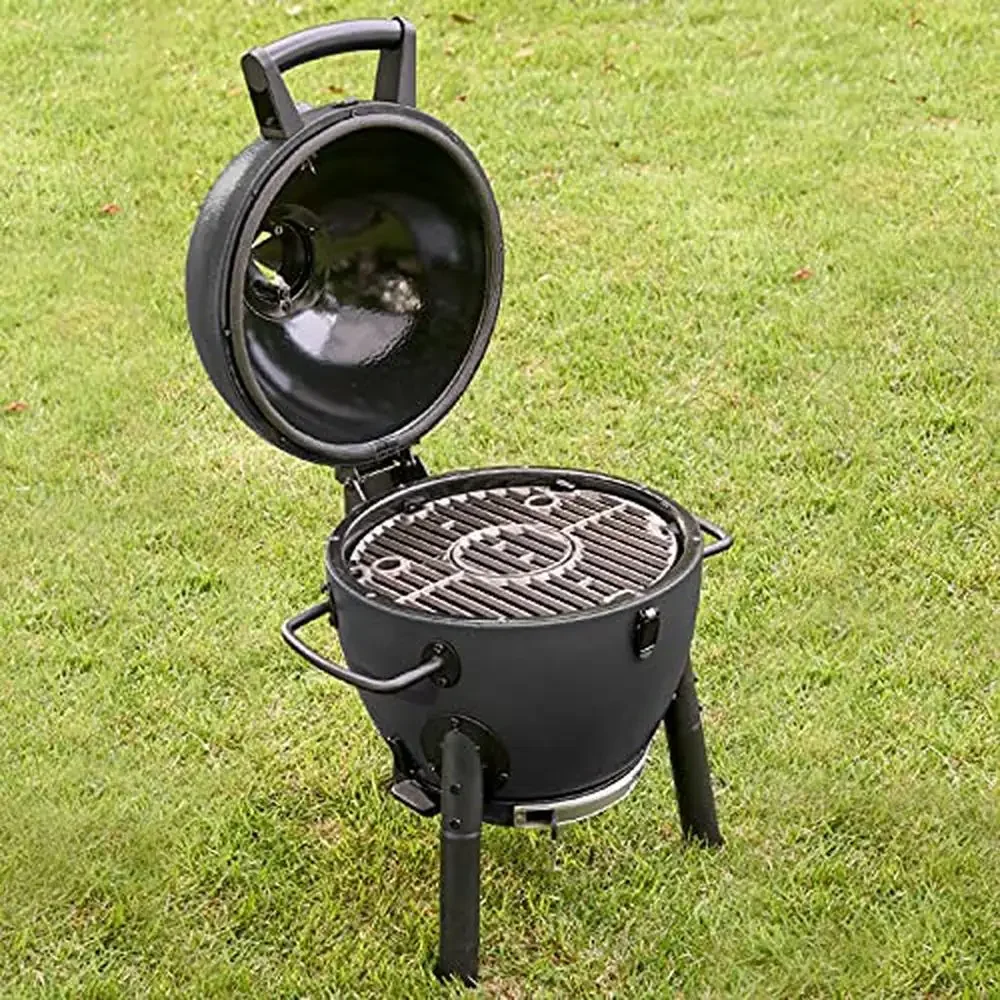 Portable Kamado Charcoal Grill & Smoker with Cast Iron Grates 155 Sq Inches Cooking Area Easy Ash Pan & Mobility Ceramic-like