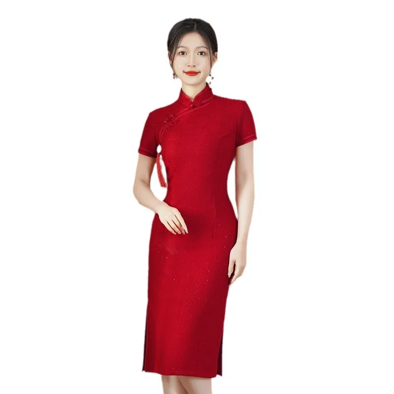 Red Lace Mid-Length Short Sleeve Engagement Cheongsam Qi Pao Summer New Retro National Style Young Lady Wedding